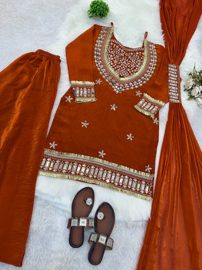 Orange Silk Sharara Suit With Real Mirror Work And Gold Lace Work