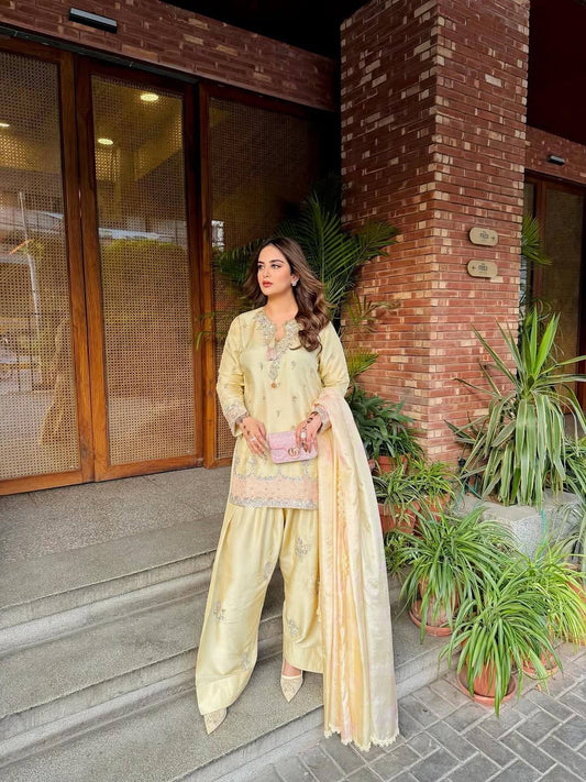 Embroidered Farshi Salwar Suit With Tassel Neckline And Dupatta