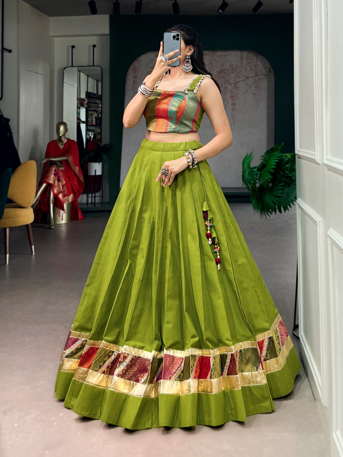 5 Meter Flair Parrot Green Lehenga Choli With Patchwork Border