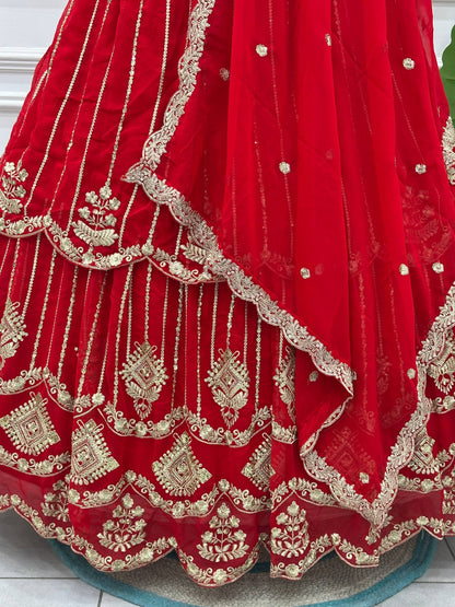 Bridal Red Zari And Sequins Embroidered Layered Lehenga Choli Set With Dupatta