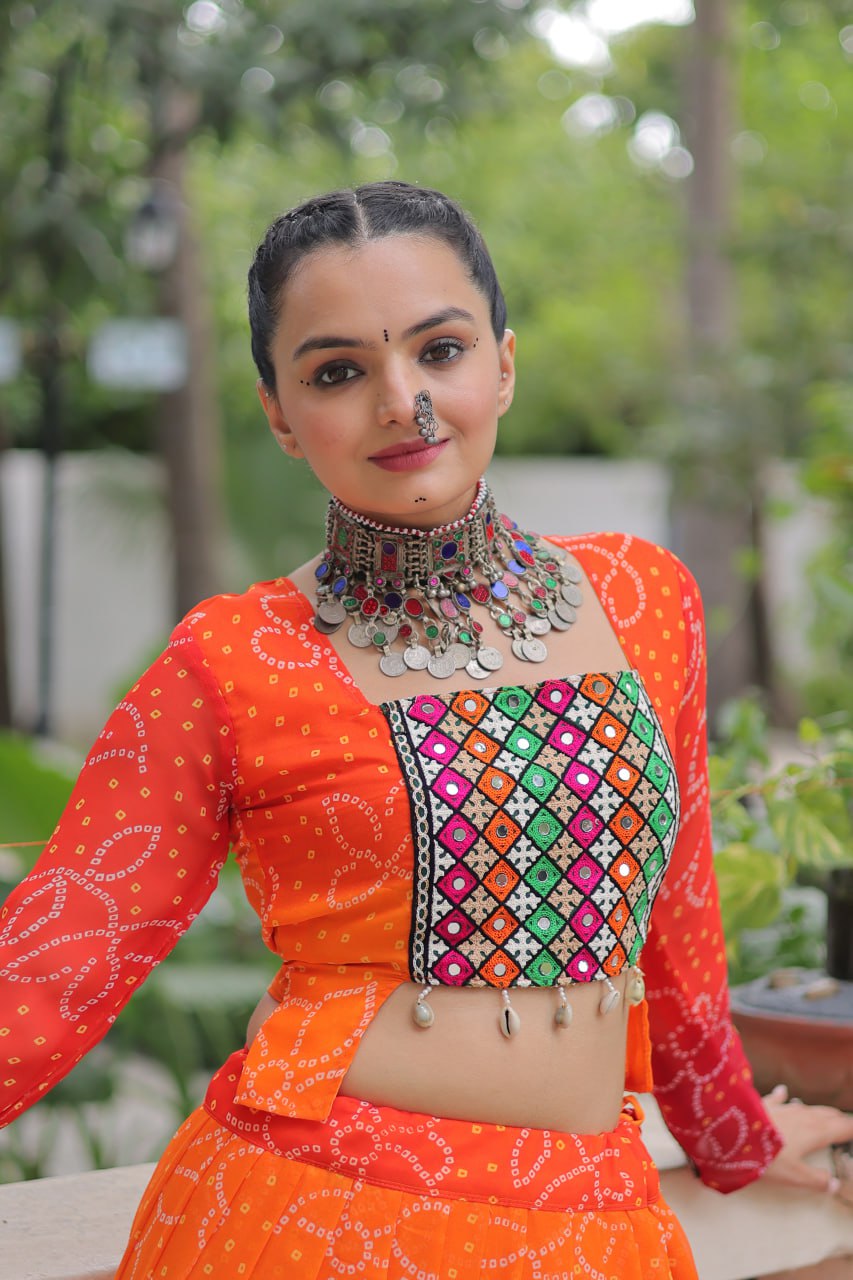 Bandhani Print Lehenga Set With Mirror Work Blouse And Full Sleeves