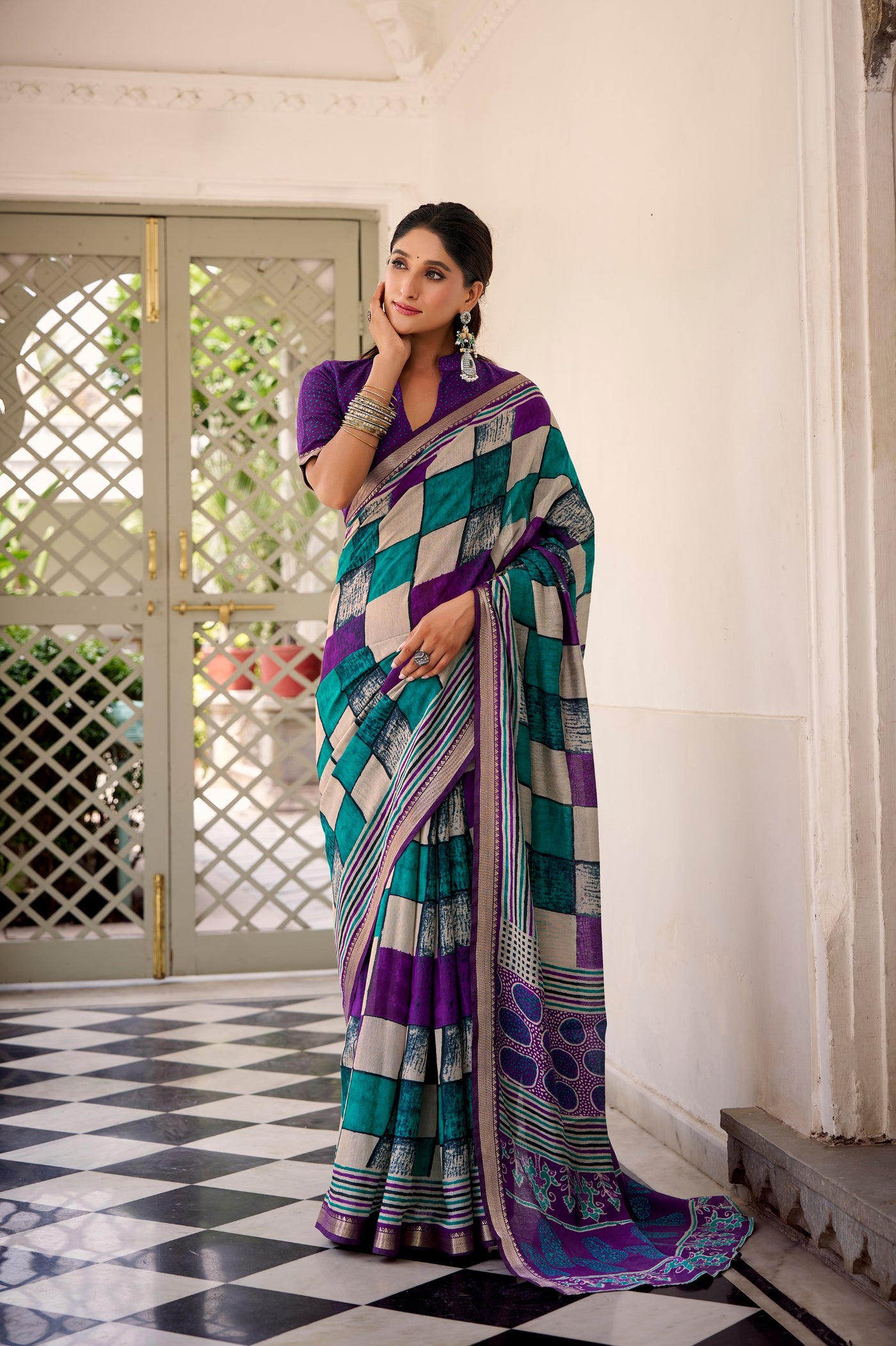 Elegant Patchwork Saree With Geometric Prints