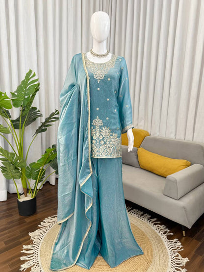 Ice Blue Silk Plazzo Suit With Heavy Zari And Sequins Embroidery