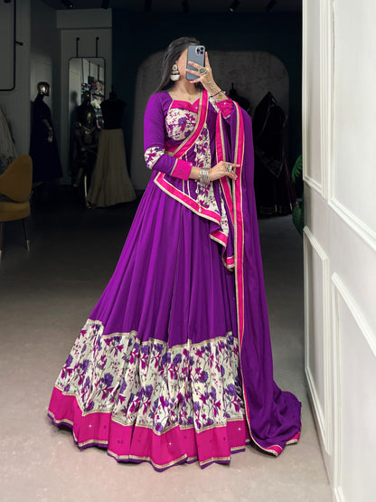 7 Meter Flair Purple Pink Floral Border Lehenga Choli With Printed Patchwork