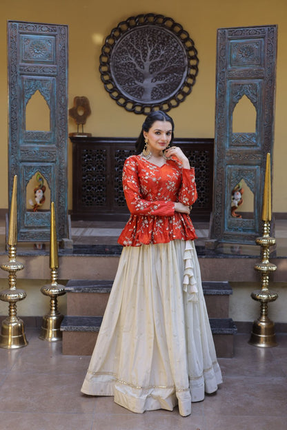 Orange Floral Embroidered Peplum Top With Off-White Lehenga Skirt Set