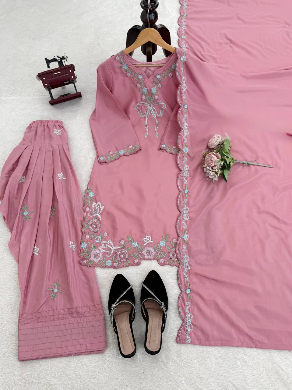 Pink Floral Embroidered Farshi Salwar Suit With Bow Detail And Dupatta