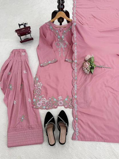Pink Floral Embroidered Farshi Salwar Suit With Bow Detail And Dupatta