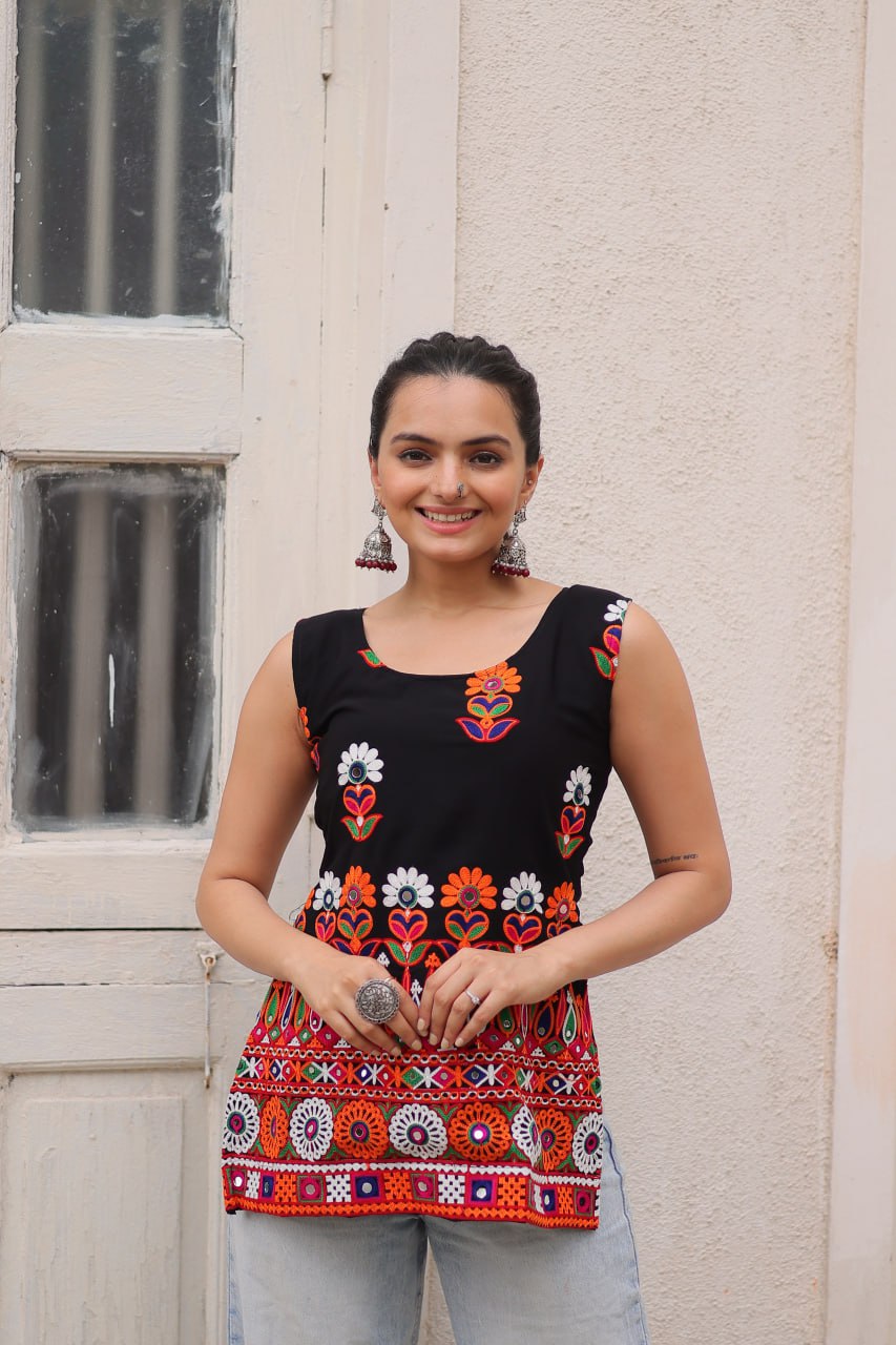 Black Sleeveless Gamthi Embroidered Top with Multicolor Mirror Work