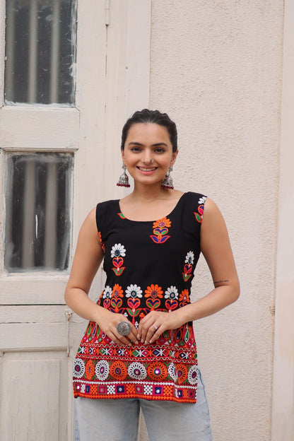Black Sleeveless Gamthi Embroidered Top with Multicolor Mirror Work