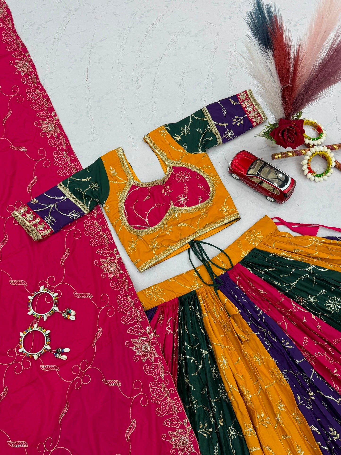 6 Meter Flair Multicolor Panelled Lehenga Choli With Embroidered Dupatta