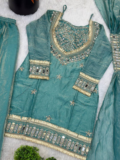 Teal Green Silk Sharara Suit With Real Mirror Work And Gold Lace Work