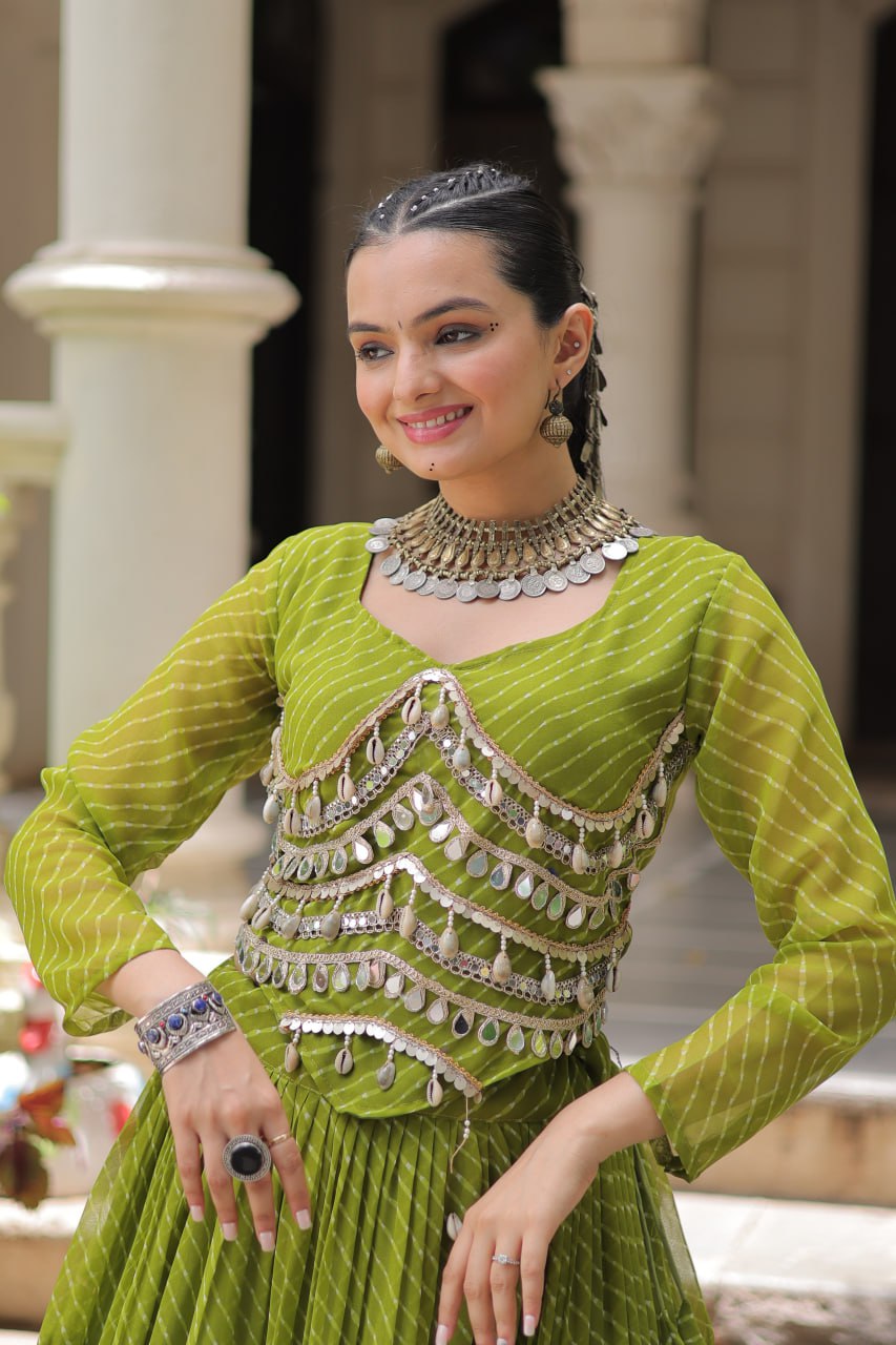 12 Meter Flair Leheriya Lehenga Set With Mirror Work Blouse - 5 Colors
