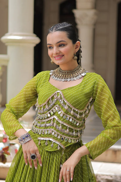 12 Meter Flair Leheriya Lehenga Set With Mirror Work Blouse - 5 Colors