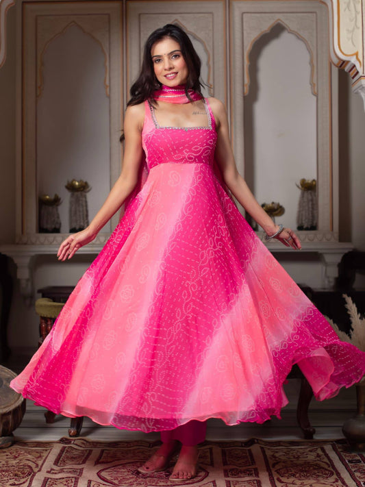 Pink Shaded Bandhani Print Anarkali Kurta Set With Real Mirror Work And Dupatta