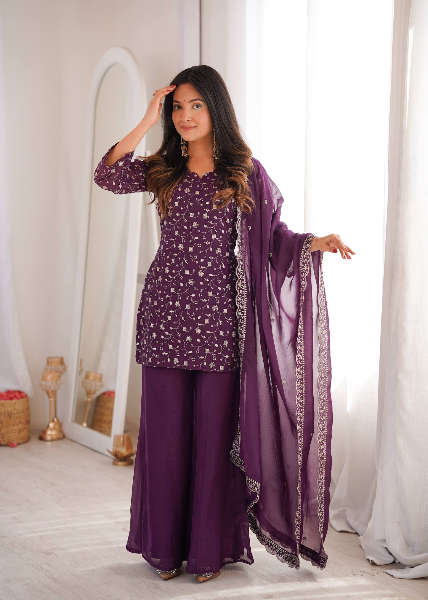 Purple Embroidered Suit Bell Bottom Pant - Festive Ethnic Wear