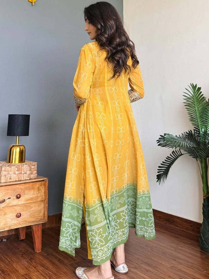 Yellow Anarkali Suit With Mirror Work And Green Bandhani Print