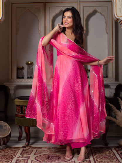 Pink Shaded Bandhani Print Anarkali Kurta Set With Real Mirror Work And Dupatta