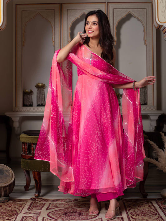 Pink Shaded Bandhani Print Anarkali Kurta Set With Real Mirror Work And Dupatta