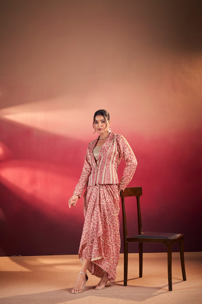 Printed Blazer And Draped Skirt Fusion Co-ord Set