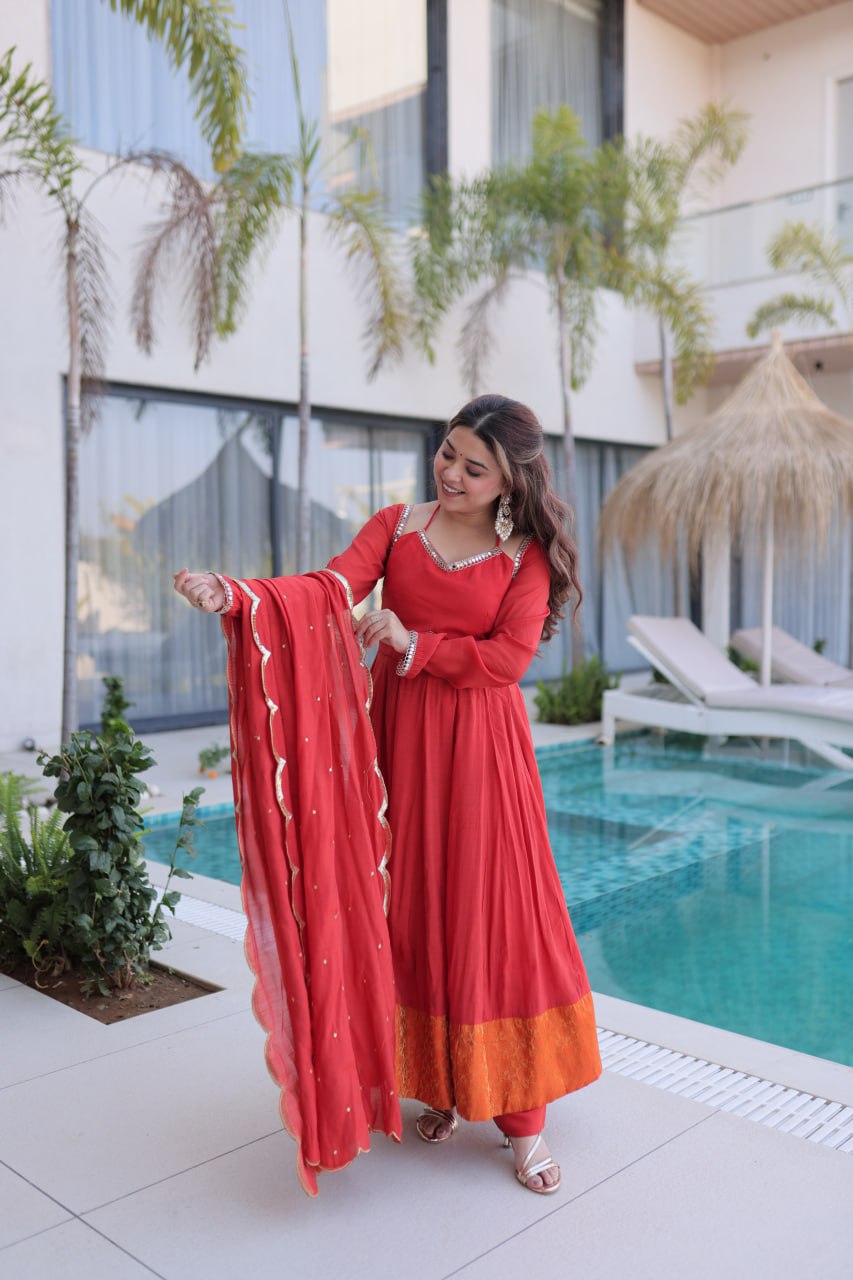 Stunning Red Anarkali Suit With Silver Lace And Orange Contrast Panel
