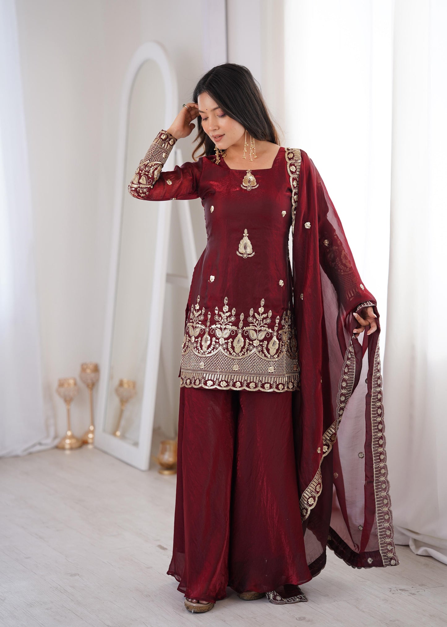 Heavy Gold Zari Embroidered Palazzo Suit Set With Dupatta