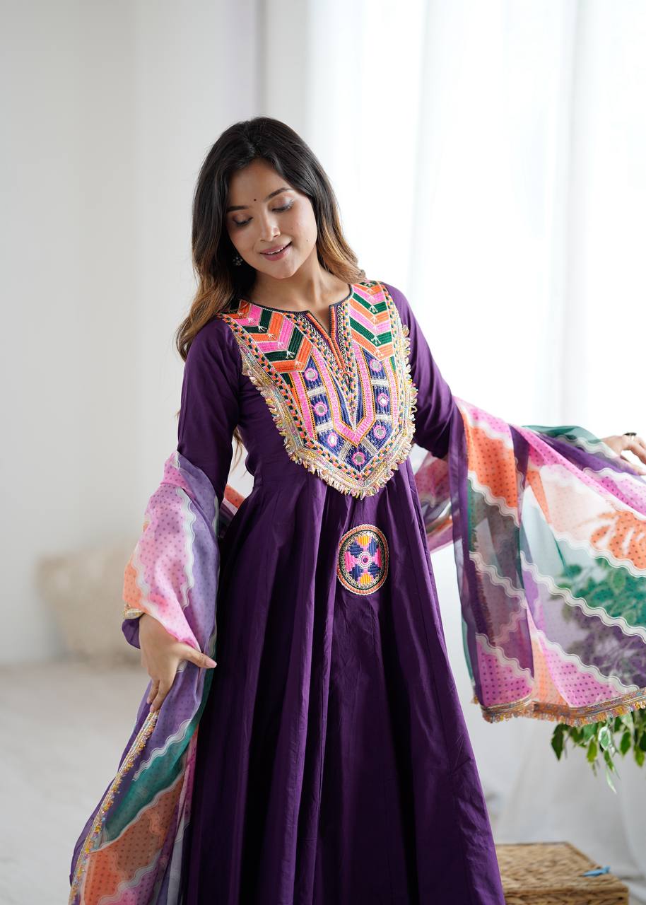 Purple Anarkali Suit With Colorful Embroidered And Dupatta