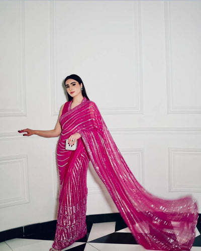 Pink Saree With Silver Accents
