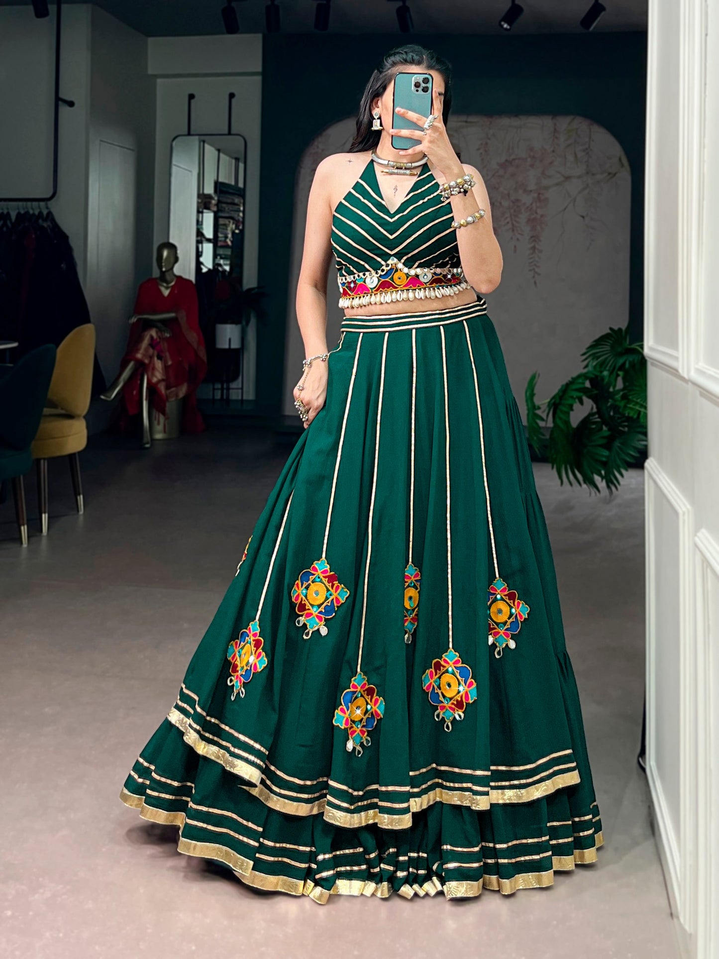 11 Meter Mega Flair Bottle Green Lehenga Choli With Gamthi Mirror Work