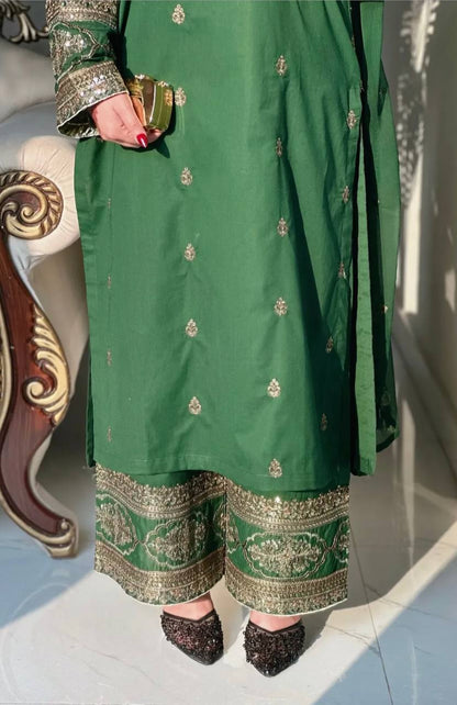Green Embroidered Silk Kurti With Matching Sharara And Dupatta