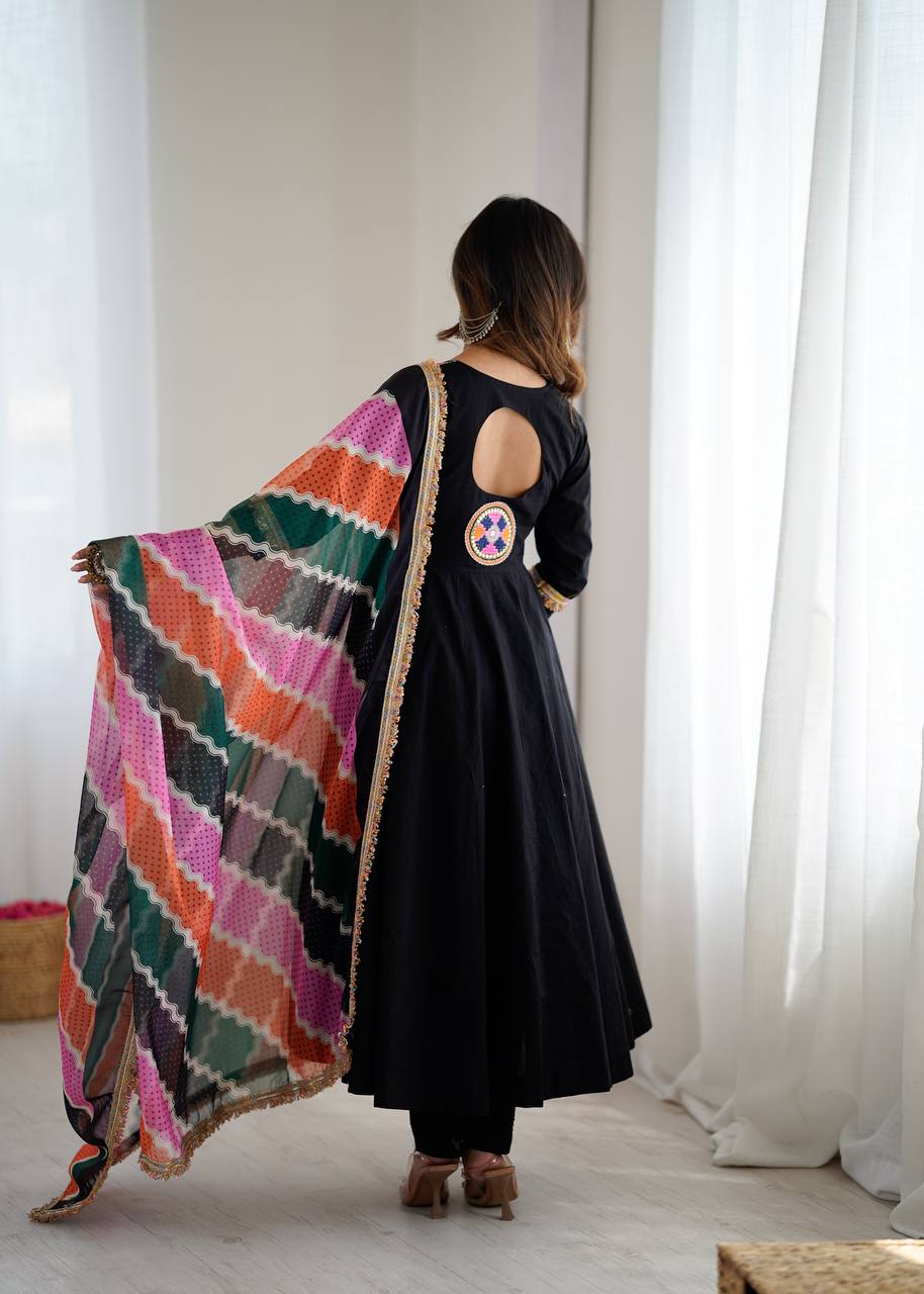 BLACK KHADI COTTON DESIGNER GOWN WITH EMBROIDERED MIRROR WORK & DIGITAL PRINT DUPATTA