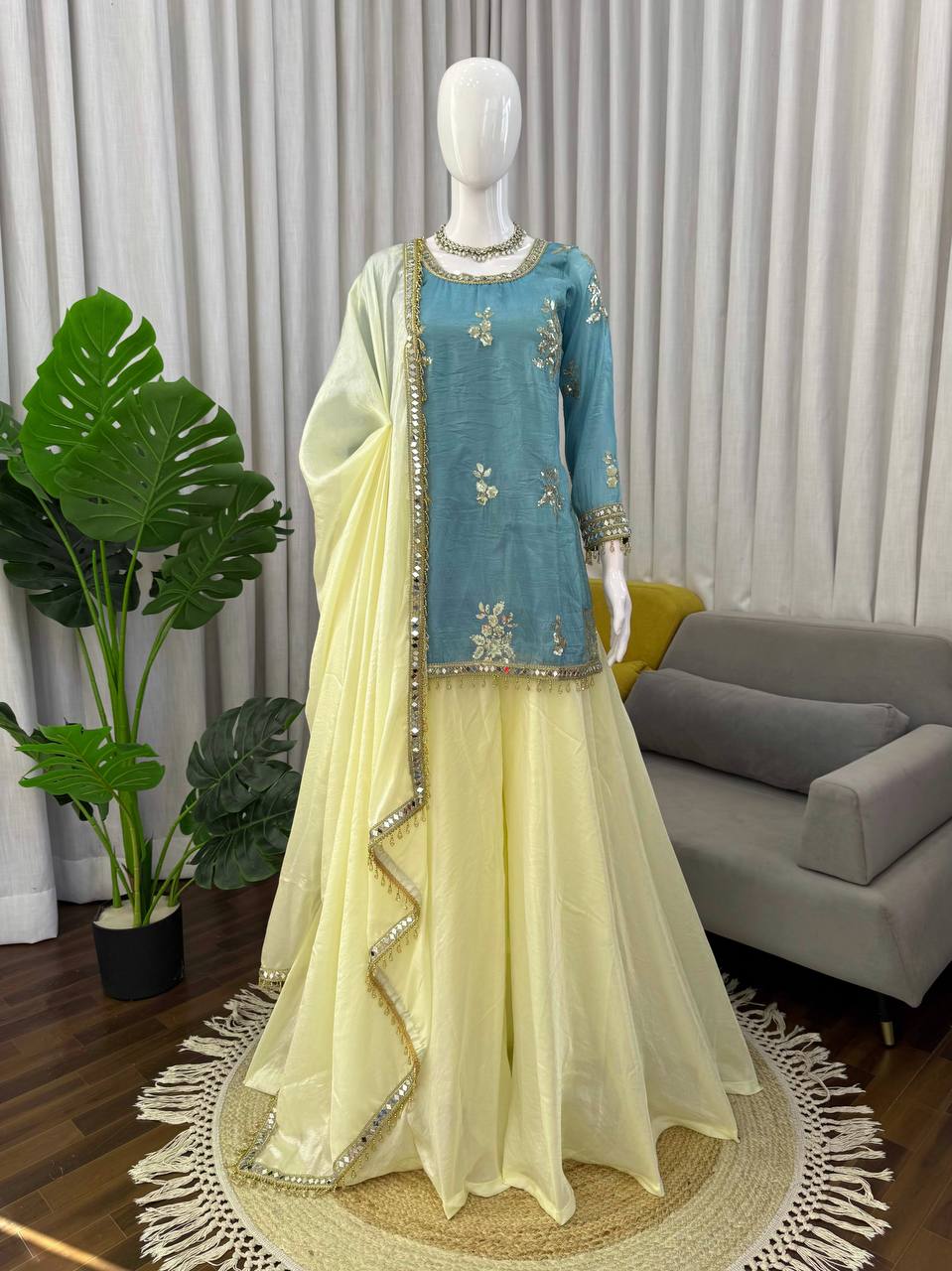 Ice Blue Embroidered Kurta With Plazo And Dupatta – Festive Contrast Set