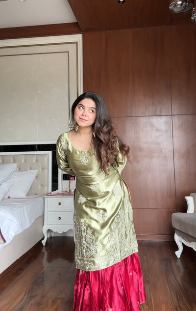 OLIVE GREEN EMBROIDERED KURTA WITH CONTRASTING RED SHARARA