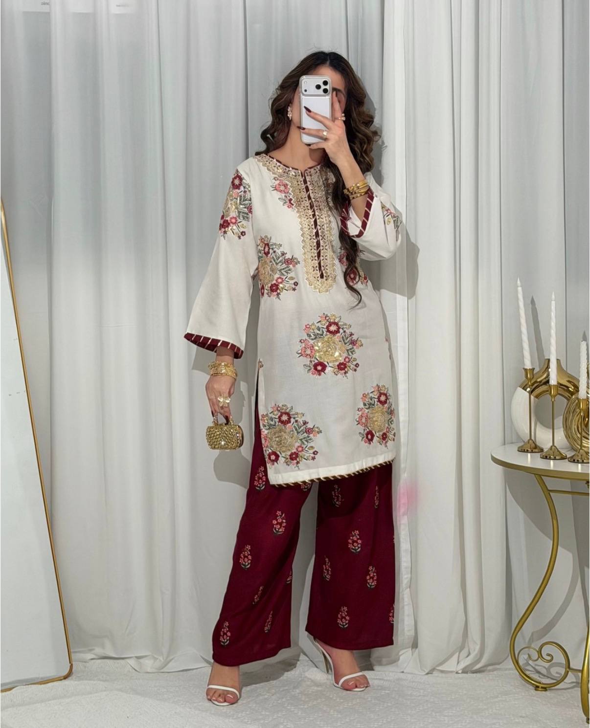 Floral Embroidered Kurti With Maroon Printed Palazzo Pants