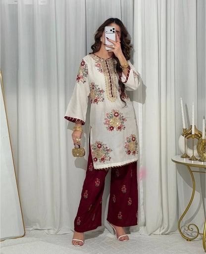 Floral Embroidered Kurti With Maroon Printed Palazzo Pants