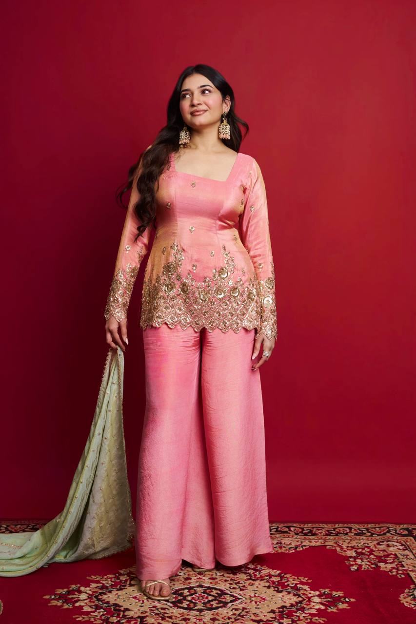 Blush Pink Embroidered Kurta Sharara Set