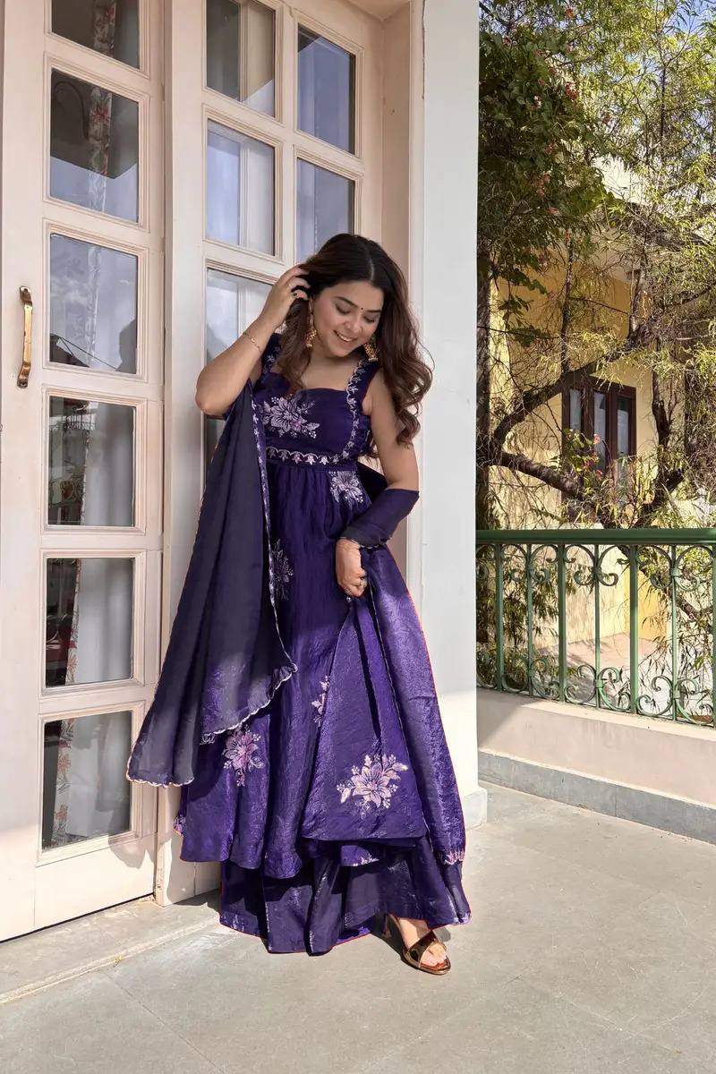 Floral Embroidered Sleeveless Anarkali Gown With Dupatta Set