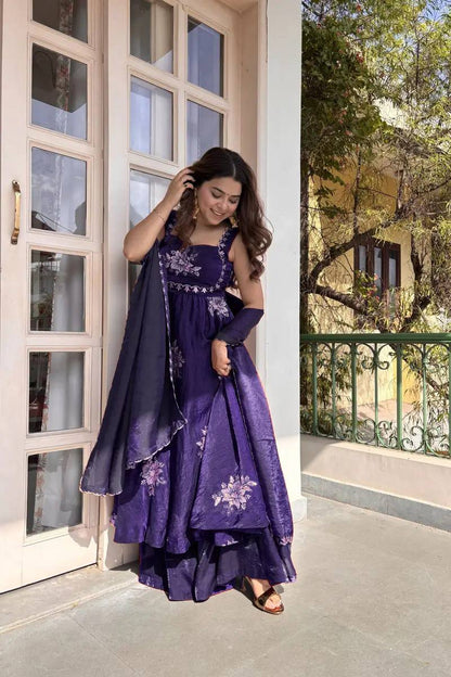 Floral Embroidered Sleeveless Anarkali Gown With Dupatta Set