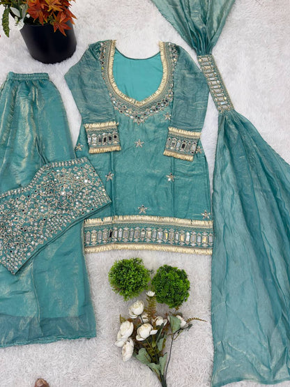 Teal Green Silk Sharara Suit With Real Mirror Work And Gold Lace Work