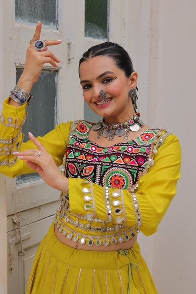 Designer Lehenga With Kutchi Gamthi Embroidered Blouse And Mirror Work