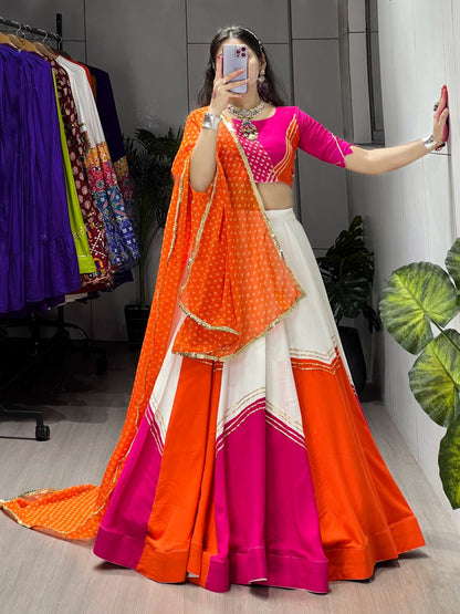 Orange Pink And White Colour Combination Navratri Lehenga Choli With Bandhani Dupatta