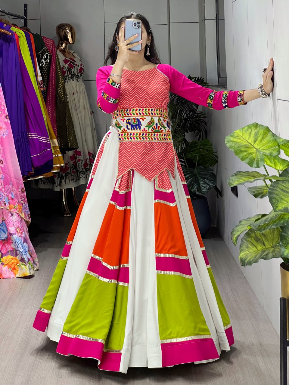 Multicolor Navratri Chaniya Choli with Mirror Work & Patchwork Lehenga