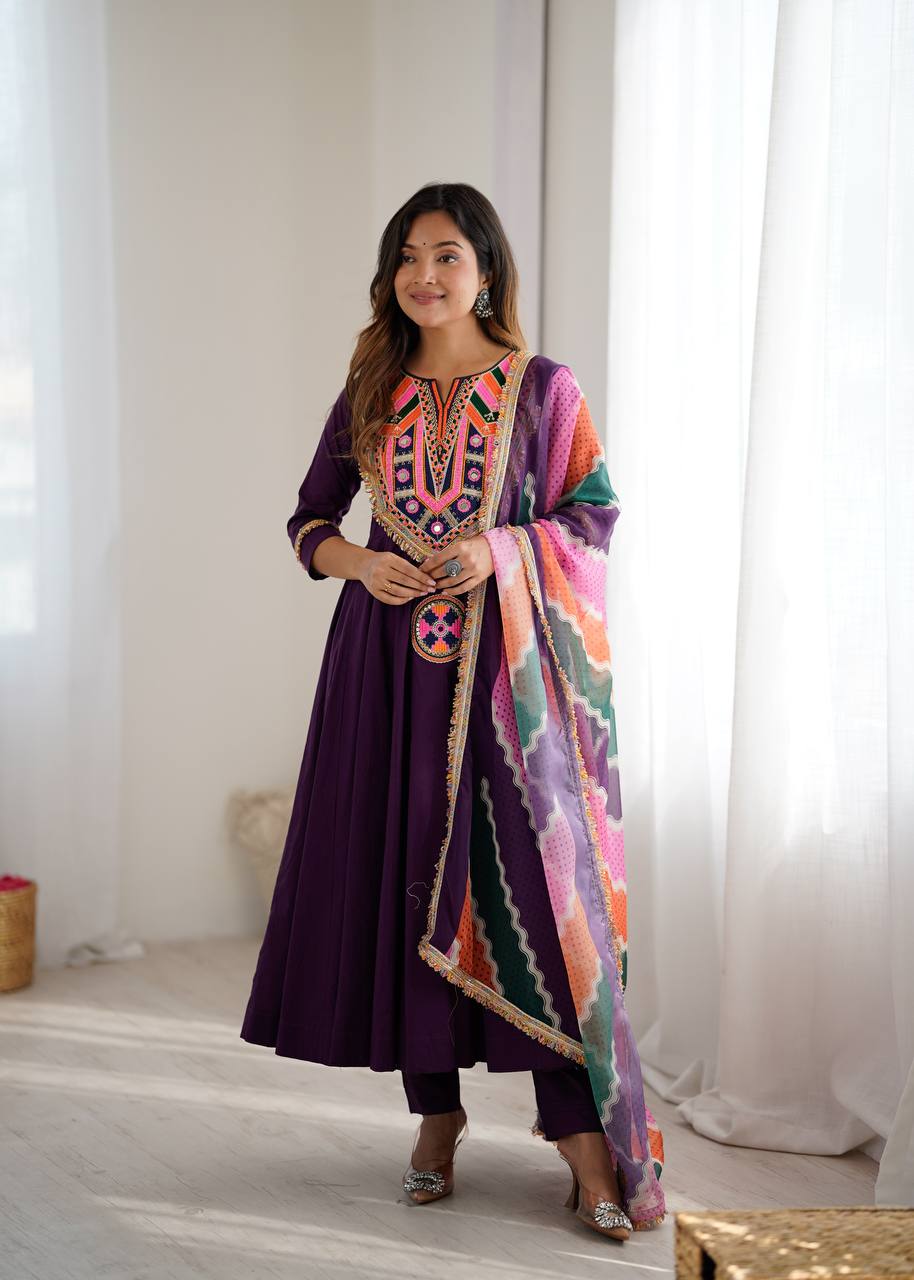 Purple Anarkali Suit With Colorful Embroidered And Dupatta
