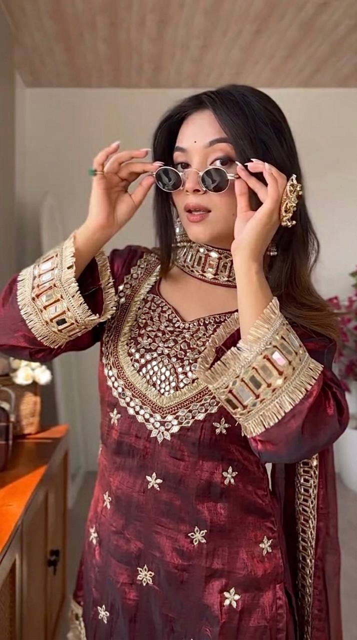 Maroon Silk Sharara Suit With Real Mirror Work And Gold Lace Work