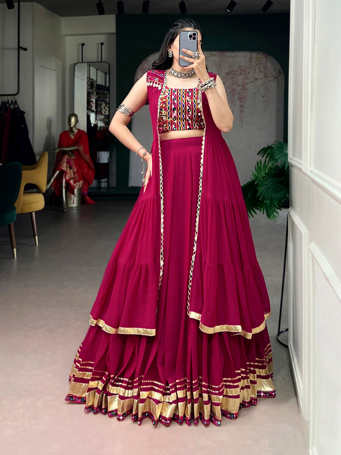 Magenta Pink Layered Lehenga Choli With Mirror Work Blouse And Gota Border Jacket Dupatta