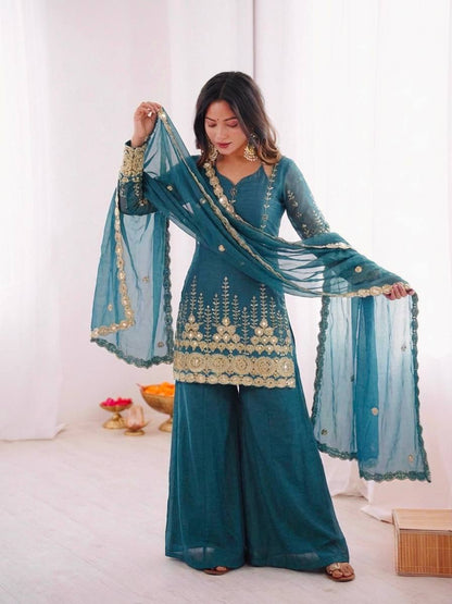 Teal Green Zari Embroidered Sharara Suit Set With Fendy Silk Dupatta