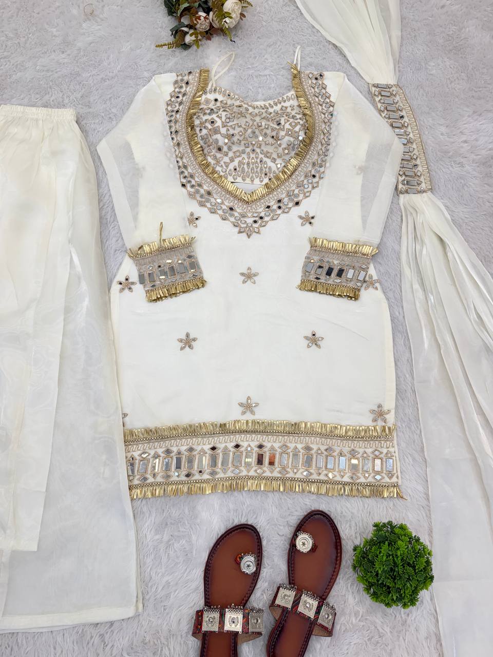 White Silk Sharara Suit With Real Mirror Work And Gold Lace Work