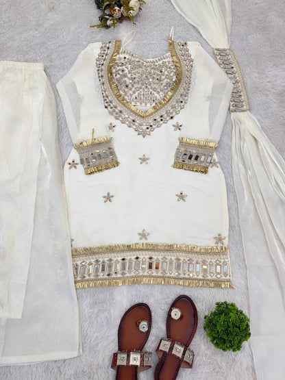 White Silk Sharara Suit With Real Mirror Work And Gold Lace Work