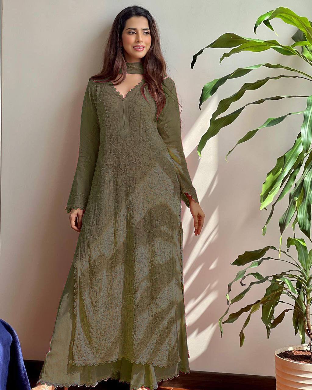 Olive Green Chikankari Kurti With Lace Detail And Full Length Ethnic Wear