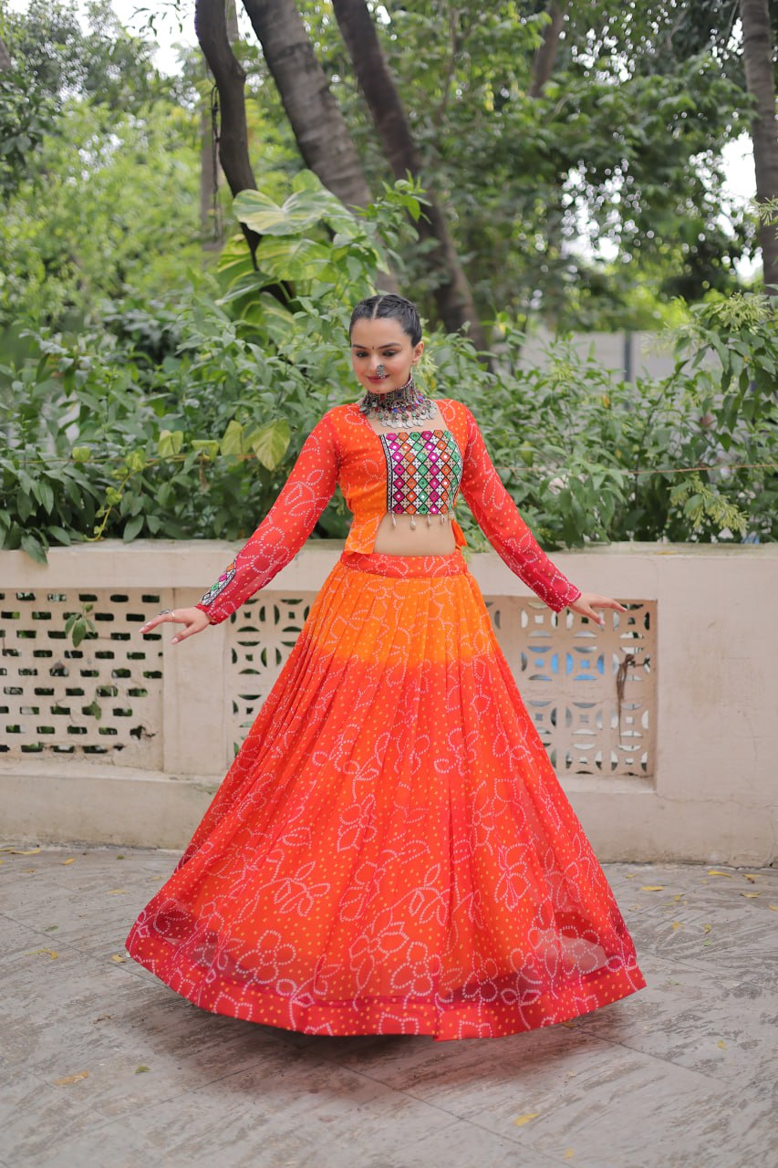 Bandhani Print Lehenga Set With Mirror Work Blouse And Full Sleeves