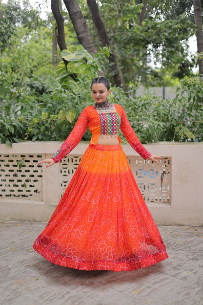 Bandhani Print Lehenga Set With Mirror Work Blouse And Full Sleeves